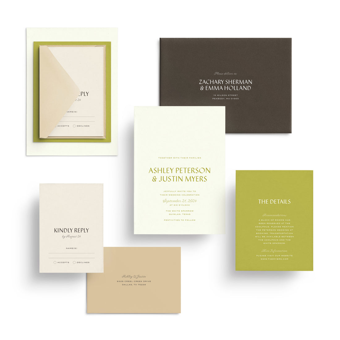 Customizable wedding invitation suite inspired by Dallas, Texas.