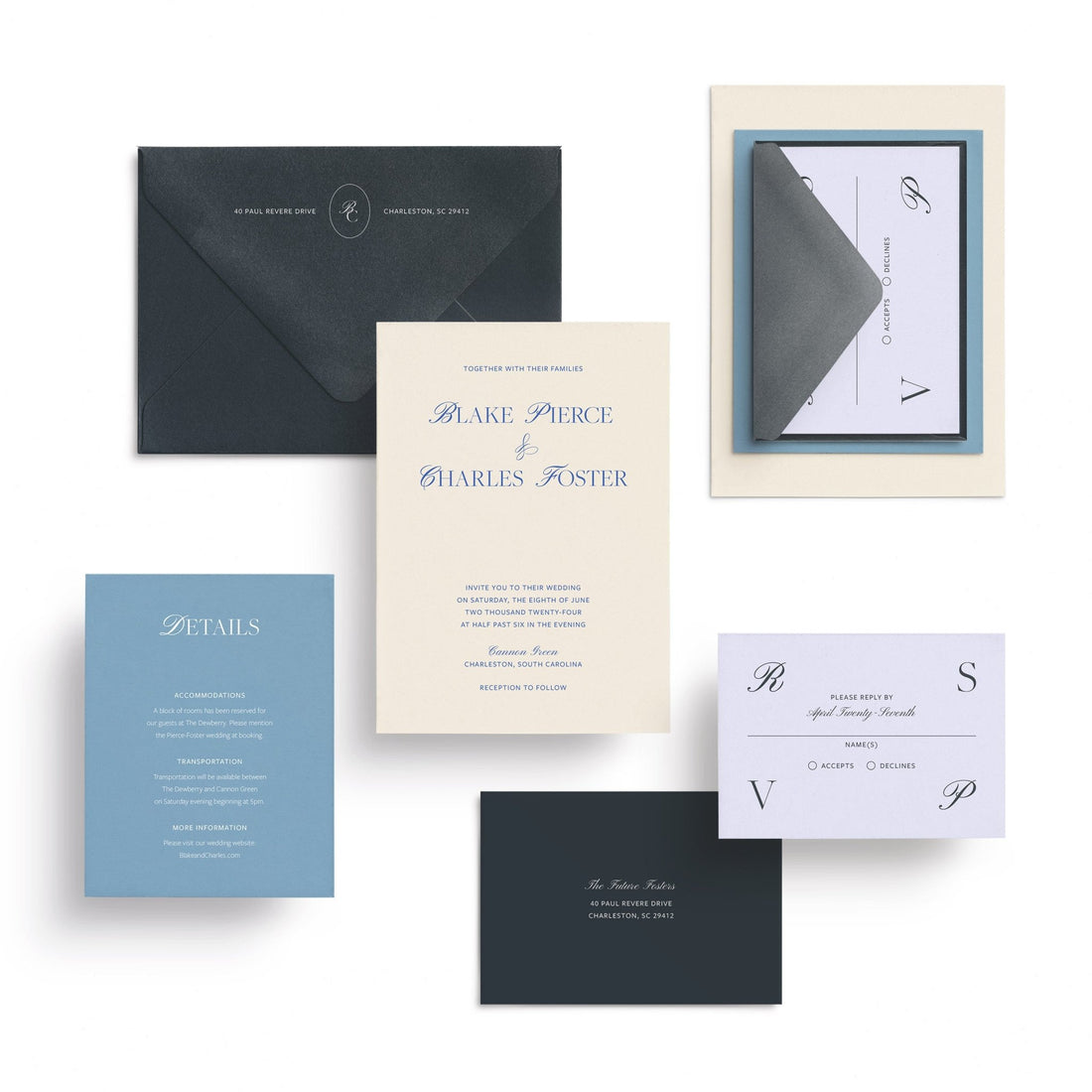 Customizable wedding invitation suite inspired by Charleston, South Carolina.