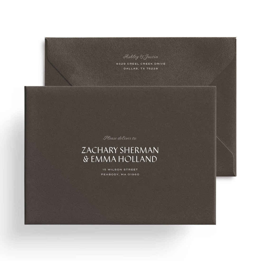 Digital address printing for wedding invitations inspired by Dallas, Texas.